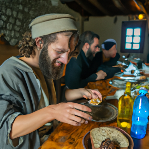 A pilgrim in an old inn in the medieval rural Balkans, he seats at a table with other travelers, eats and drinks rakija